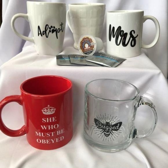 White Adopt Coffee Tea Mug Cup Black Script Paw Print Fur Mom Dad Pet Dog Cat - Picture 2 of 5